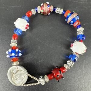 Vintage Signed DANFORTH Pewter Glass Lampwork Bracelet Red White Blue & Silver